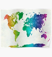 World map in watercolor rainbow Poster
