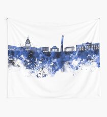Washington DC skyline in blue watercolor on white background Wall Tapestry