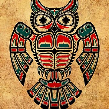 Artwork thumbnail, Red and Teal Blue Haida Spirit Owl by JeffBartels