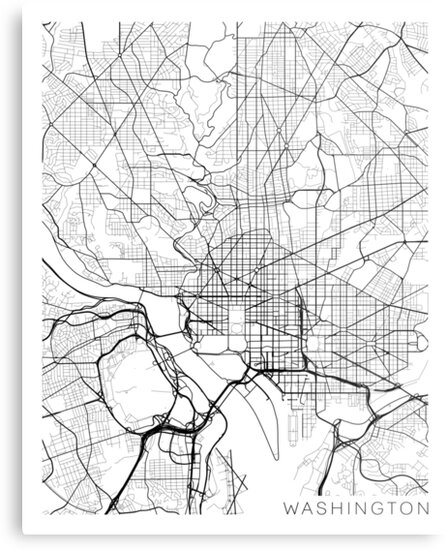 "Washington DC Map, USA - Black and White" Metal Print by