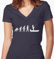 Funny Evolution Of Man and Boat Fishing Women's Fitted V-Neck T-Shirt