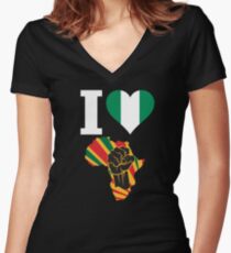 I Love Africa Map Black Power Nigeria Flag T-Shirt Women's Fitted V-Neck T-Shirt
