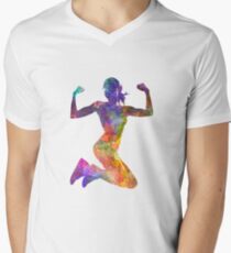 Woman runner jogger jumping powerful V-Neck T-Shirt