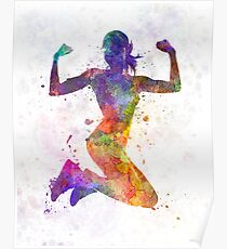 Woman runner jogger jumping powerful Poster