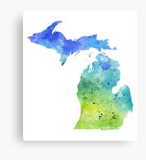 Watercolor Map of Michigan, USA in Blue and Green Canvas Print
