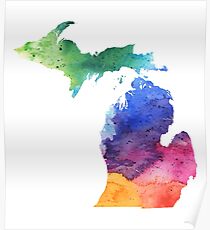 Watercolor Map of Michigan, USA in Rainbow Colors Poster