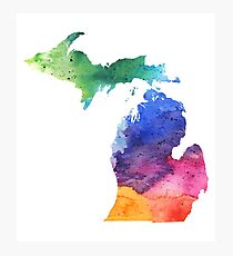 Aquarell Karte von Michigan, USA in Regenbogenfarben Fotodruck