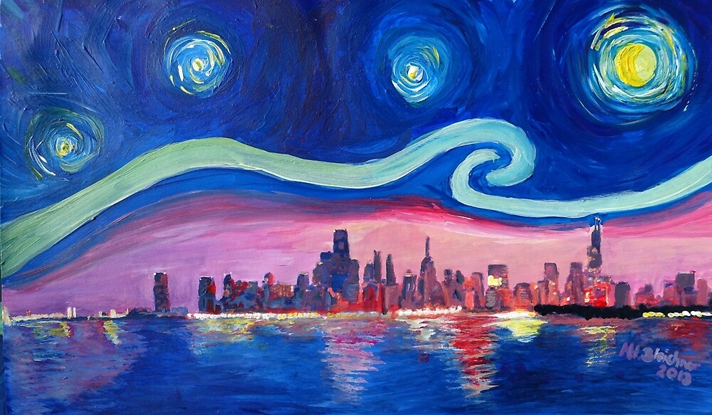 "Starry Night in Chicago Illinois with Lake Michigan and Van Gogh