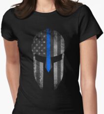 Blue Line American Flag Spartan Helm Women's Fitted T-Shirt
