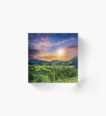 village on hillside meadow with forest in mountain at sunset Acrylic Block