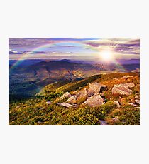 light on stone mountain slope with forest Photographic Print