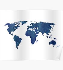 Midnight Blue Watercolor World Map Poster