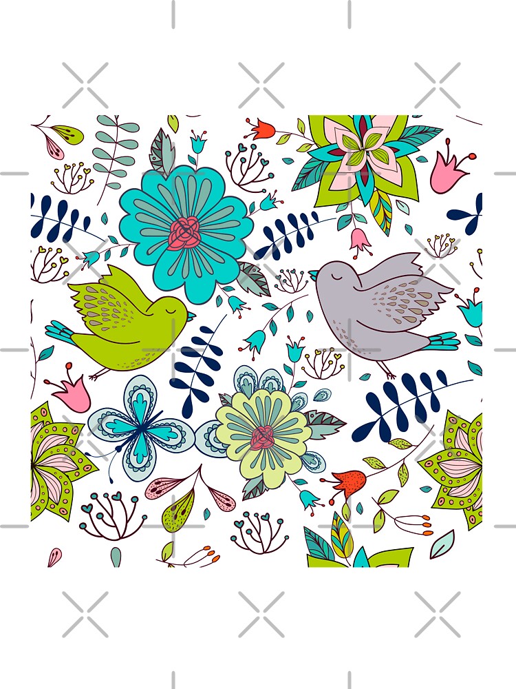 Sweet Birds With Flowers A Cute Line Drawing With Pretty Pattern In Turquoise Blue And Lime Green On A White Background Classic Statement Fashion