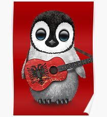 Baby Penguin Playing Albanian Flag Guitar Red Poster