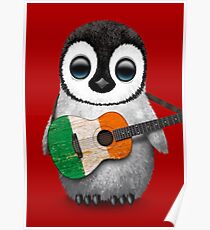 Póster Baby Penguin Playing Irish Flag Guitar Red