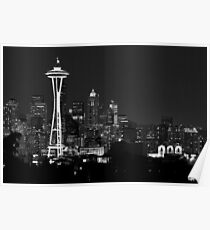 Downtown Seattle at Night (Black and White) Poster