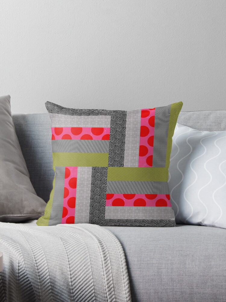 Neon Patterns Log Cabin Quilt Square Throw Pillow By