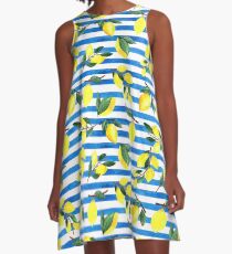 Watercolor lemons on striped background A-Line Dress
