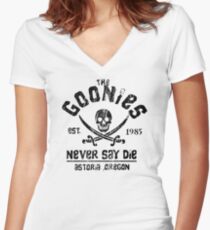 The Goonies - Naver Say Die - Black on White Women's Fitted V-Neck T-Shirt