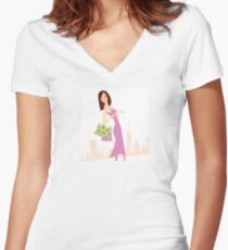 Spring shopping. Vector Illustration of woman with shopping bags. Women's Fitted V-Neck T-Shirt