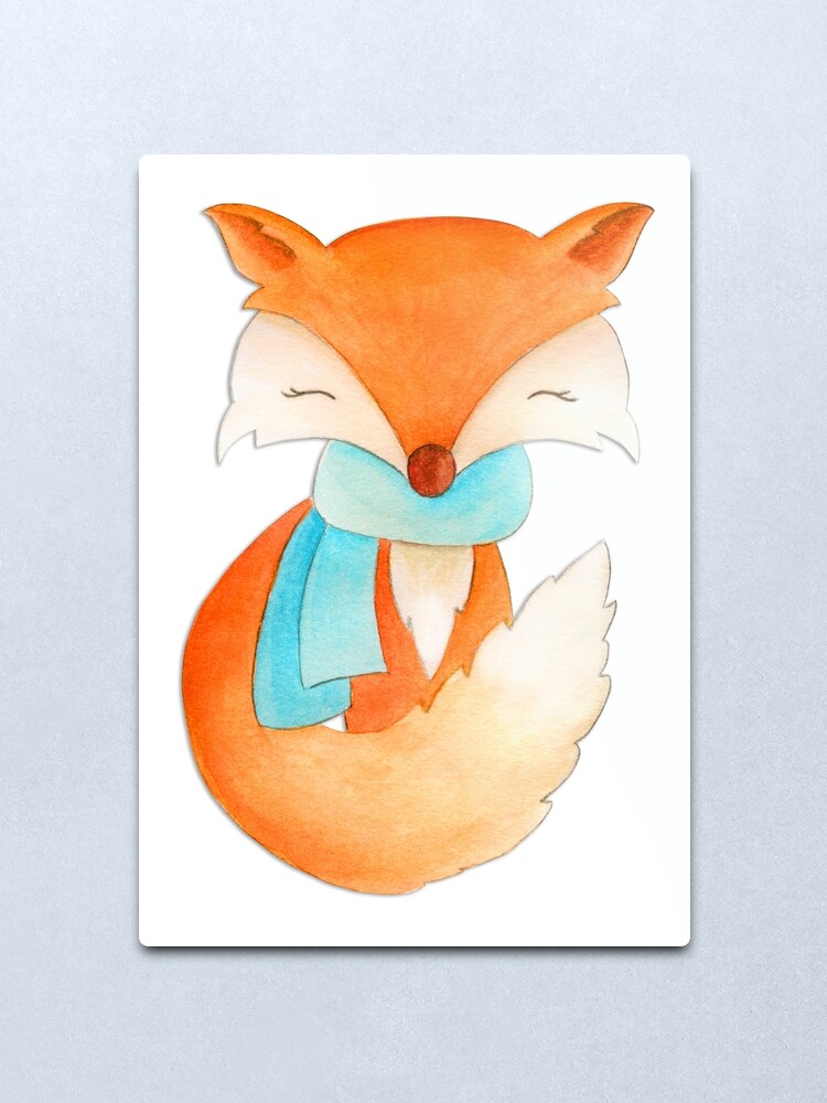 Cute Fox Cub Whimsical Winter Watercolor Art Metal Print By