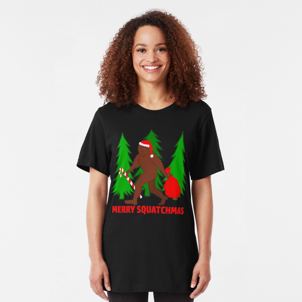 Merry Squatchmas Funny Christmas Bigfoot Santa Slim Fit T-Shirt