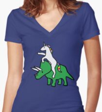 Unicorn Riding Triceratops Women's Fitted V-Neck T-Shirt