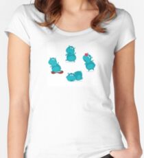 Cute happy blue hippopotamus in four poses. Vector cartoon Illustration of cute blue happy hippo. Women's Fitted Scoop T-Shirt