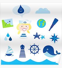 Nautic, sailor and adventure icons - blue Poster