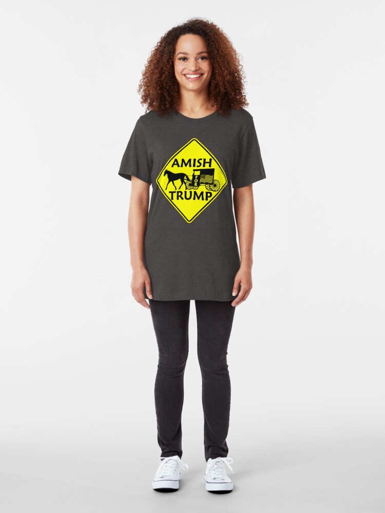 Alternate view of Amish For Trump Political Buggy Sign Slim Fit T-Shirt