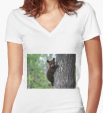 Bear Cub Climbing a Tree Women's Fitted V-Neck T-Shirt
