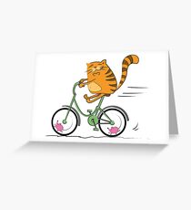Funny cat on bicycle and mouse Greeting Card