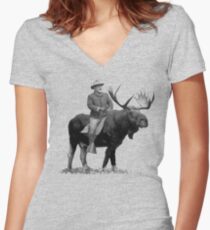 Teddy Roosevelt Riding A Bull Moose Women's Fitted V-Neck T-Shirt