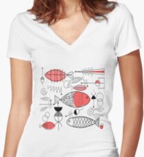 Mid-Century Fish Salmon Pink Women's Fitted V-Neck T-Shirt