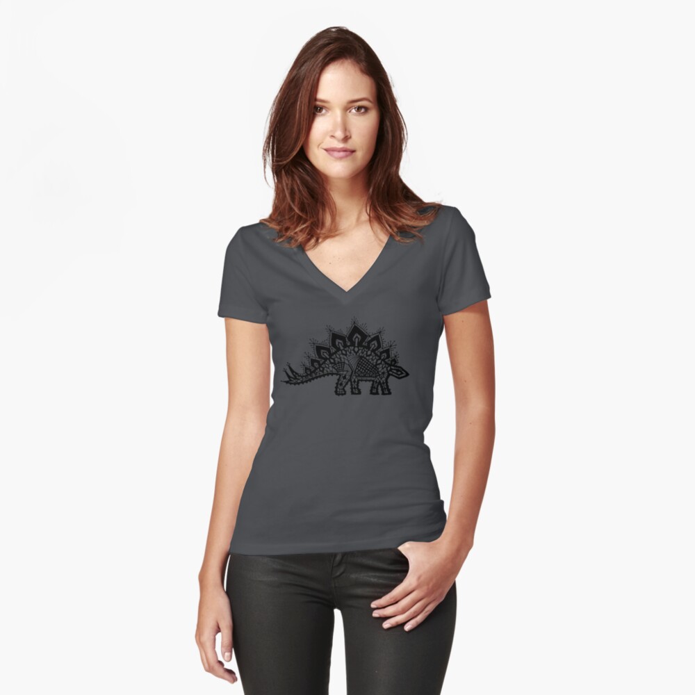 Stegosaurus Lace - Black / Grey Fitted V-Neck T-Shirt