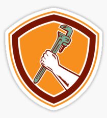 Hand Holding Adjustable Wrench Shield Woodcut Sticker