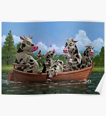 Cartoon Cow Family on Boating Holiday Poster
