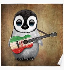 Baby Penguin Playing Iranian Flag Guitar Poster