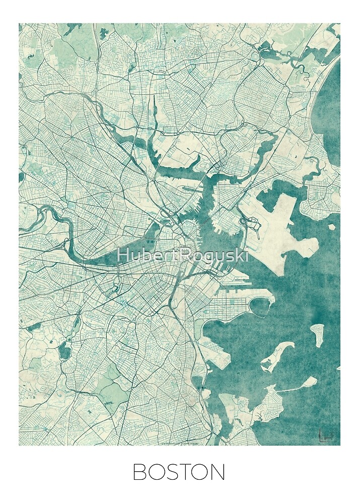 Boston Map Blue Vintage by HubertRoguski