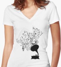 Gramophone and Music Notes Women's Fitted V-Neck T-Shirt