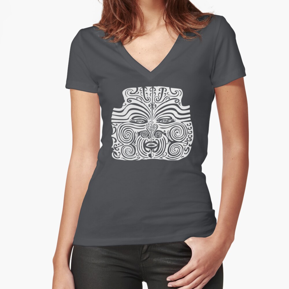 Maori Moko | Tribal Tattoo | New Zealand | Black and White | Fitted V-Neck T-Shirt
