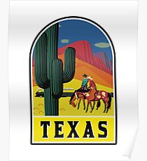 TEXAS VINTAGE TRAVEL WILD WEST COWBOY SAGUARO CACTUS TRAIN MOUNTAINS EL PASO Poster