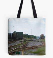 Train yard on a hazy day Tote Bag
