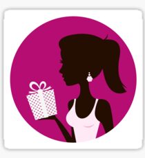 Female with gift silhouette. Retro vector Illustration Sticker