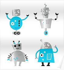 Cute cartoon robot characters. Old - vintage style robots Poster