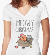 Meowy Christmas Cat Holiday Pun Women's Fitted V-Neck T-Shirt