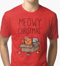 Meowy Christmas Cat Holiday Pun Tri-blend T-Shirt