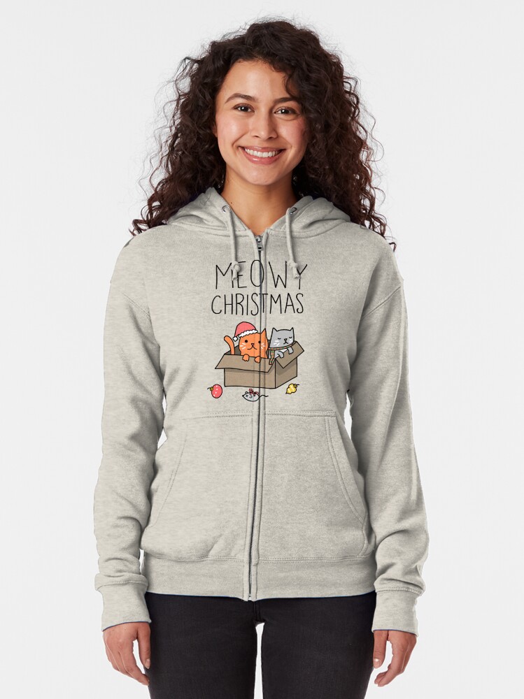 Alternate view of Meowy Christmas Cat Holiday Pun Zipped Hoodie