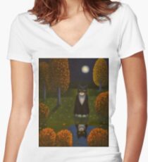 The cat and the moon Women's Fitted V-Neck T-Shirt