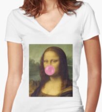 Camiseta entallada de cuello en V La goma de mascar Mona Lisa